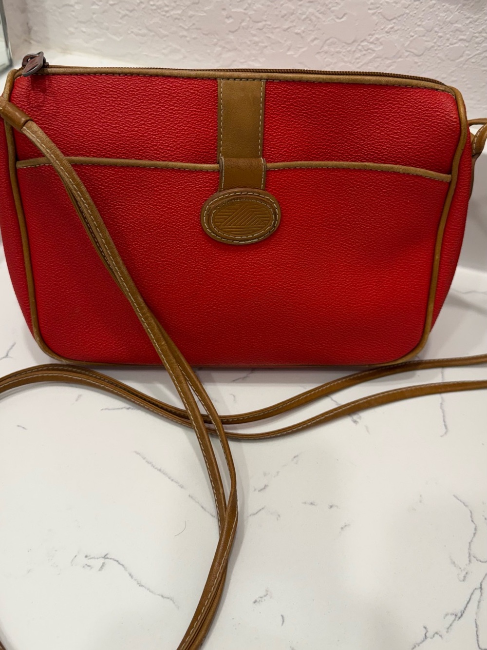 Liz Claiborne Vintage 80s  Red Crossbody Shoulder Bag with Tan leather Trim